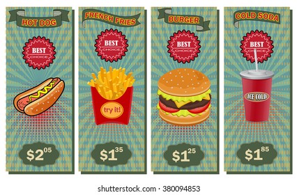 Vector Fast Food vertical banners set. Restaurant and hamburger, burger lunch snack, soda and hot dog illustration