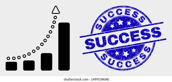 Vector fast growing trend pictogram and Success seal. Red rounded scratched seal stamp with Success text. Vector combination in flat style. Black isolated fast growing trend pictogram.