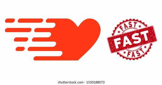 Vector fast love icon and grunge round stamp watermark with Fast caption. Flat fast love icon is isolated on a white background. Fast stamp seal uses red color and grunge surface.