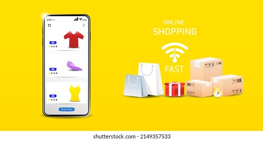 Vector rápido de compras en línea diseño, compra en línea en smartphone con productos de venta de apreciación, ilustración de marketing digital.