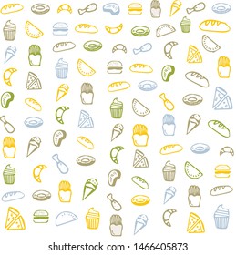 Vector fastfood backdrop in different color. Illustration for menu, restaurant business. Burger, chicken, pizza, icecream, donuts, cake, bread, meat icons