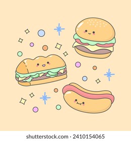 Vector Fastfood Hamburger Hotdog Sandwich with cute facial expressions and pastel colour