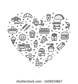 Vector fastfood icon set. Street food logo symbol collection in heart composition. Line take away pictogram illustration. Modern banner design for cafe, delivery, restaurant, stall, bar