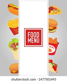Vector fastfood menu concept. Template with hot-dog, hamburger, french fries and other unhealthy food. Takeaway restaurant, cafe banner or frlyer.