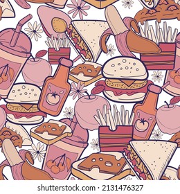 Vector fastfood pattern. Without background. Pastel doodle design. Pink color.