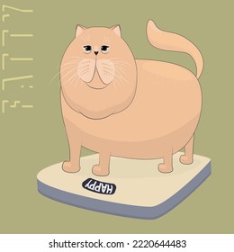 Vector fat cat stands on the scales. The fat cat wants to know how much he weighs.