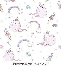 Vector of fat cat unicorns with pink and blue rainbows, ice creams and donuts on white. graphic decor print design, childhood, dreams and fantasy concept digitally generated image.