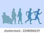 Vector of a fat man standing up from an armchair strating to run to lose weight. Exercise and body transformation concept 
