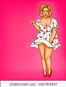 Vektorillustration Fett, fettleibige Blondine, Pop-Art xxl, plus Modell in weißem gepunktetem Kleid zeigen einen Finger auf Rabatte, Verkauf. Modegrafik. Übergewicht-Konzept.