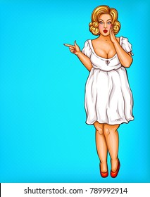 Vector fat, obese blonde pin up woman, pop art plus size model in white dress pointing a finger at discounts, sale. Fashion illustration. Overweight concept.