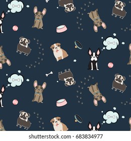 Vector fat puppy pattern. Funny kids illustration of dog, plate, collar, bone, toy and footprint. Veterinary background. Cartoon bulldog french characters