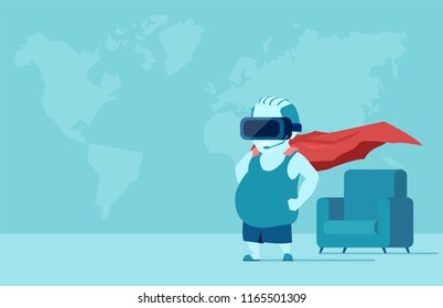 Vector of a fat young man with VR glasses in a room imagining being a super hero. 