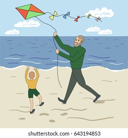 vector of father and boy with kite on sea hsore
