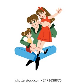 Vector Father And Children Embracing Cartoon Illustration Isolated