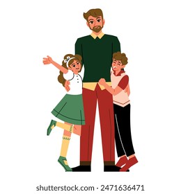 Vector Father And Children Holding Cartoon Illustration Isolated