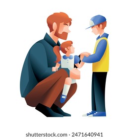 Vector Father And Children Spend Time Together Cartoon Illustration Isolated