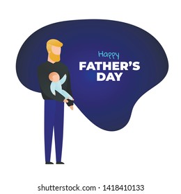 Vector father day banner template. Modern liquid amoeba trendy style. Blue color palette. Father hipster character togerther with baby on hands. Holiday design for poster, web, sale, advertisment.
