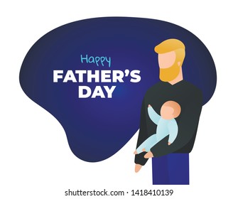 Vector father day banner template. Modern liquid amoeba trendy style. Blue color palette. Father hipster character togerther with child on hands. Holiday design for poster, web, sale, advertisment.