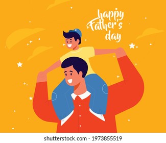 vector father day. dad and the child sitting on his shoulders on a orange background with cloud and leaves.