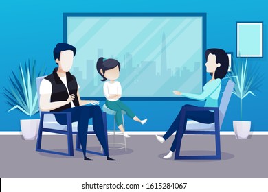 Vector of a father and his child sitting on a chair and talking with psychotherapist. Child counseling concept