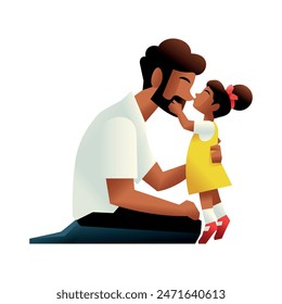 Vector Father And Little Daugther Kiss Cartoon Illustration Isolated