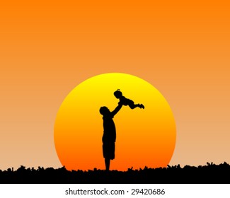 Vector Of Father Playing With Baby Girl On Sunset