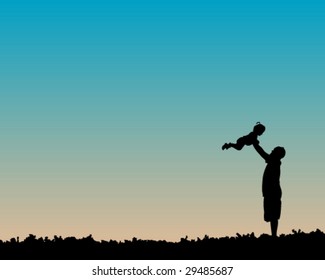 Vector Of Father Playing With Baby Girl On Blue Morning