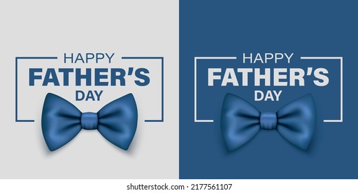 Vector Fathers Day Banner. Text with 3d Realistic Silk Blue Bow Tie. Glossy Bowtie, Tie Gentleman. Fathers Day Holiday Concept. Design Template for Greeting Card, Invitation, Poster, Print