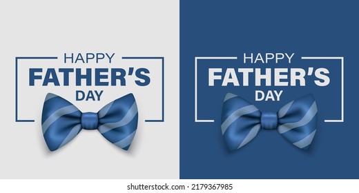 Vector Fathers Day Banner. Text with 3d Realistic Silk Blue Striped Bow Tie. Glossy Bowtie, Tie Gentleman. Fathers Day Holiday Concept. Design Template for Greeting Card, Invitation, Poster, Print