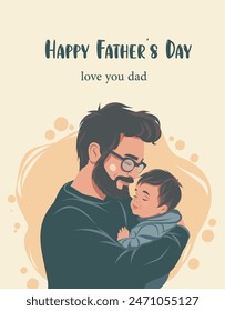 Vektorgrafik Vatertag-Karte niedliche Illustration von Papa mit Sohn, mit Tochter. Der Vater hält das Kind in den Armen. Vatertag Vorlagen Papa Ich liebe dich für Poster, Cover, Banner, Social Media