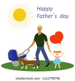 Vector of Father`s day greeting card. Father walking with kids and dog. Cartoon style
