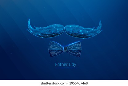 Vector Fathers Day illustration. Abstract  line and point.Mustache and bow tie on dark-blue background . Starry sky or space, consisting of stars and the universe.wireframe,low poly.triangle.dots