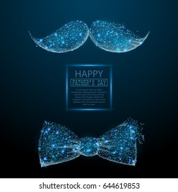 Vector Fathers Day illustration. Polygonal Mustache and bow tie. Vector mesh spheres from flying debris. Thin line concept. Blue structure style illustration