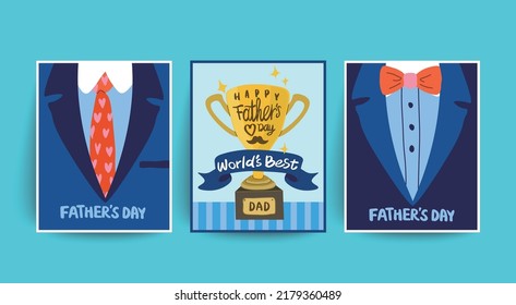 Vector of Father's Day poster or banner template set. Celebrate Father's Day with the Best dad trophy against a blue background.