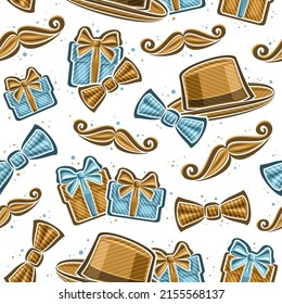 Vector Father's Day seamless pattern, square repeating background with set of cut out illustrations of brown mens hat, bow tie, blue gift boxes and cartoon mustache for fathers day on white background