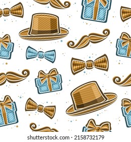 Vector Father's Day seamless pattern, square repeating background with set of cut out illustrations of brown mans hat, bow tie, blue gift boxes and cartoon mustache for fathers day on white background