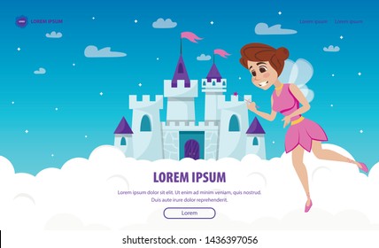Vector Fay, Medieval Castle over Clouds Flat Illustration. Fairy Tales for Children. Family Film and Cartoon Production. Pretty Girl with Wings and Magic Stick. Movie Company Landing Page