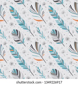 Vector Feather background, retro pattern, ethnic doodle collection, tribal design. Ink hand drawn illustration with different indian feathers on white background
