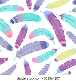 Vector Feather background, retro pattern, ethnic doodle collection, tribal design. Ink hand drawn illustration with different indian feathers on white background