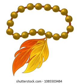 Vector feather bracelet with beads on thread in cartoon style. Isolated on white background