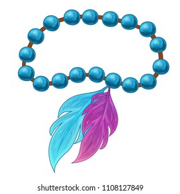 Vector feather bracelet with beads on thread in cartoon style. Isolated on white background