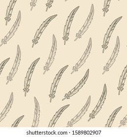 Vector feather delicate pattern in brown and beige. Simple plume hand drawn made into monochrome repeat. Great for background, wallpaper, wrapping paper, packaging, fashion.
