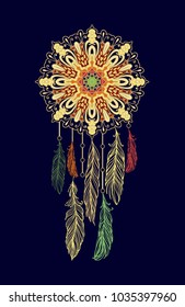 Vector feather dream catcher on dark background