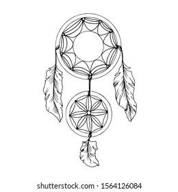 Vector Feather dreamcatcher for good dreams. Black and white engraved ink art. Isolated dream catcher illustration element on white background.