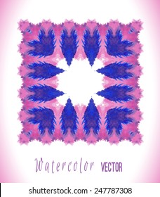 Vector Feather frame.  Watercolor background with feathers. Hand drawn watercolor backdrop.