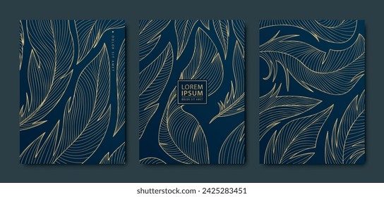 Vector feather gold backrounds, luxury wedding invites. Elegant cards, save the date, spa, party covers.