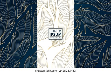 Vector de plumas de fondos de oro, invitaciones de boda de lujo. Tarjetas elegantes, guardar la fecha, spa, cubiertas de fiesta.