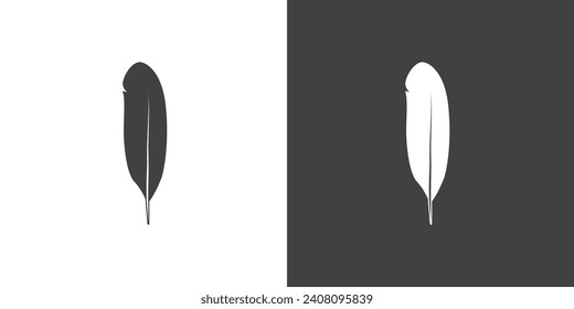 Vector feather icon illustration. 
Bird feather isolated on black and white background.