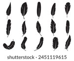 Vector Feather Icons collection. Black feather silhouette set.