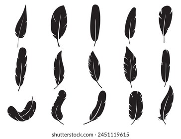 Vector Feather Icons collection. Black feather silhouette set.